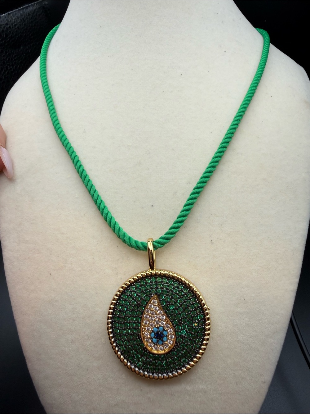 Gold-Tone Green Pave evil eye Teardrop Pendant on green rope Necklace